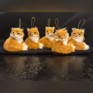 Faux Fur Fox Ornaments Light Brown & White w/Black Tips Set of 5 - So Adorable!